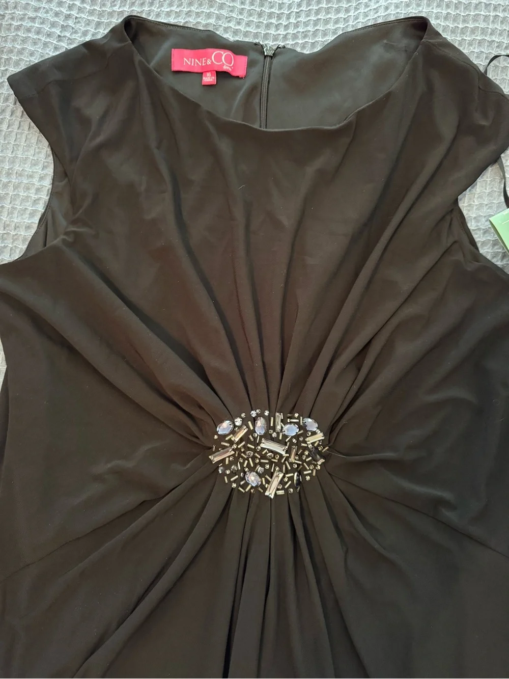 NWT Nine & Co. Black Ruched Sheath Dress with Beaded Waist Detail - Cap Sleeve - Picture 9 of 14